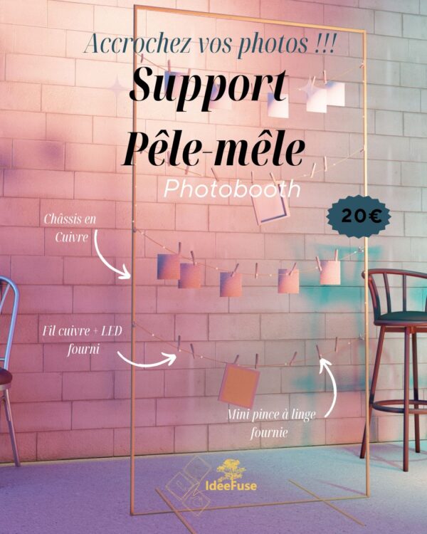 Support cadre cuivre pour accrocher les photo réalisée avec le photobooth. cadre cuivre. Arrière plan colore festif